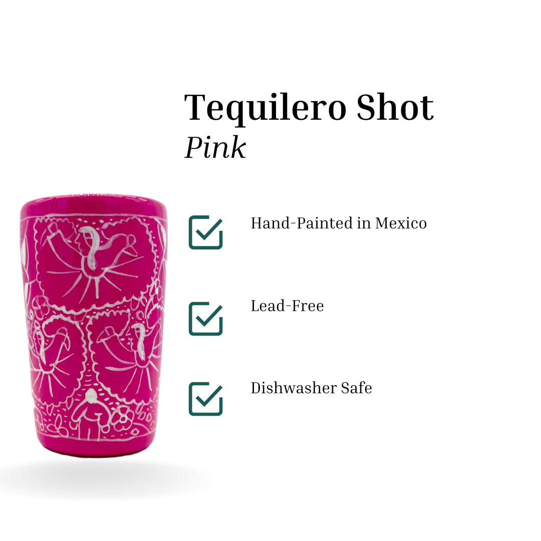 Pink ceramic shot glasses, hand-painted in Mexico with vibrant colors, ideal for tequila, mezcal, or other spirits, pack of 2.