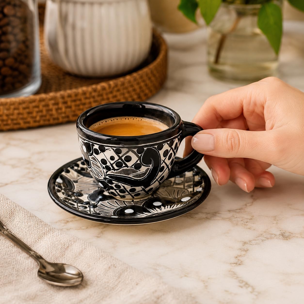 Black & White Mexican Espresso Cup & Saucer Set — front view