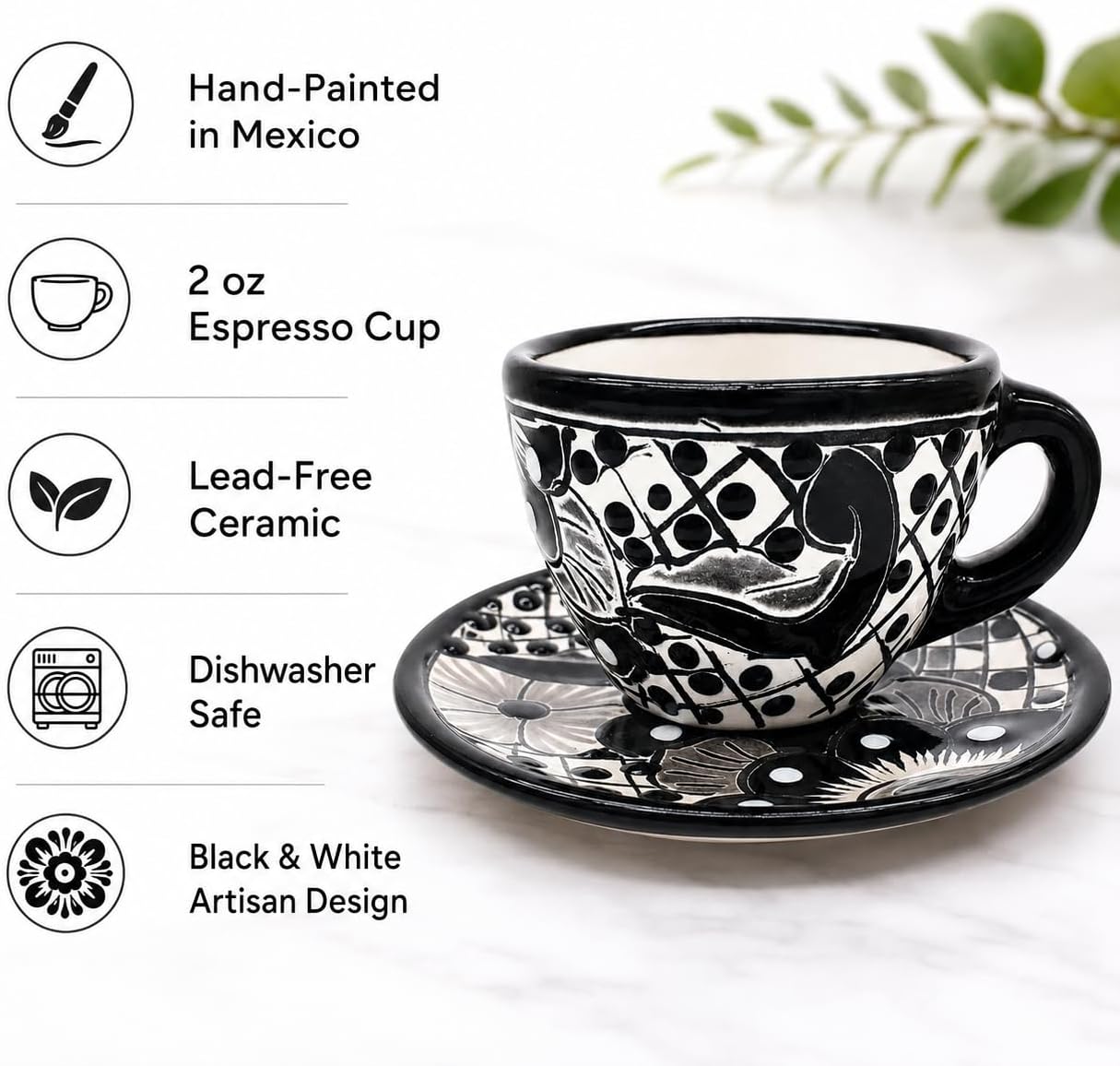 Black & White Mexican Espresso Cup & Saucer Set — side view