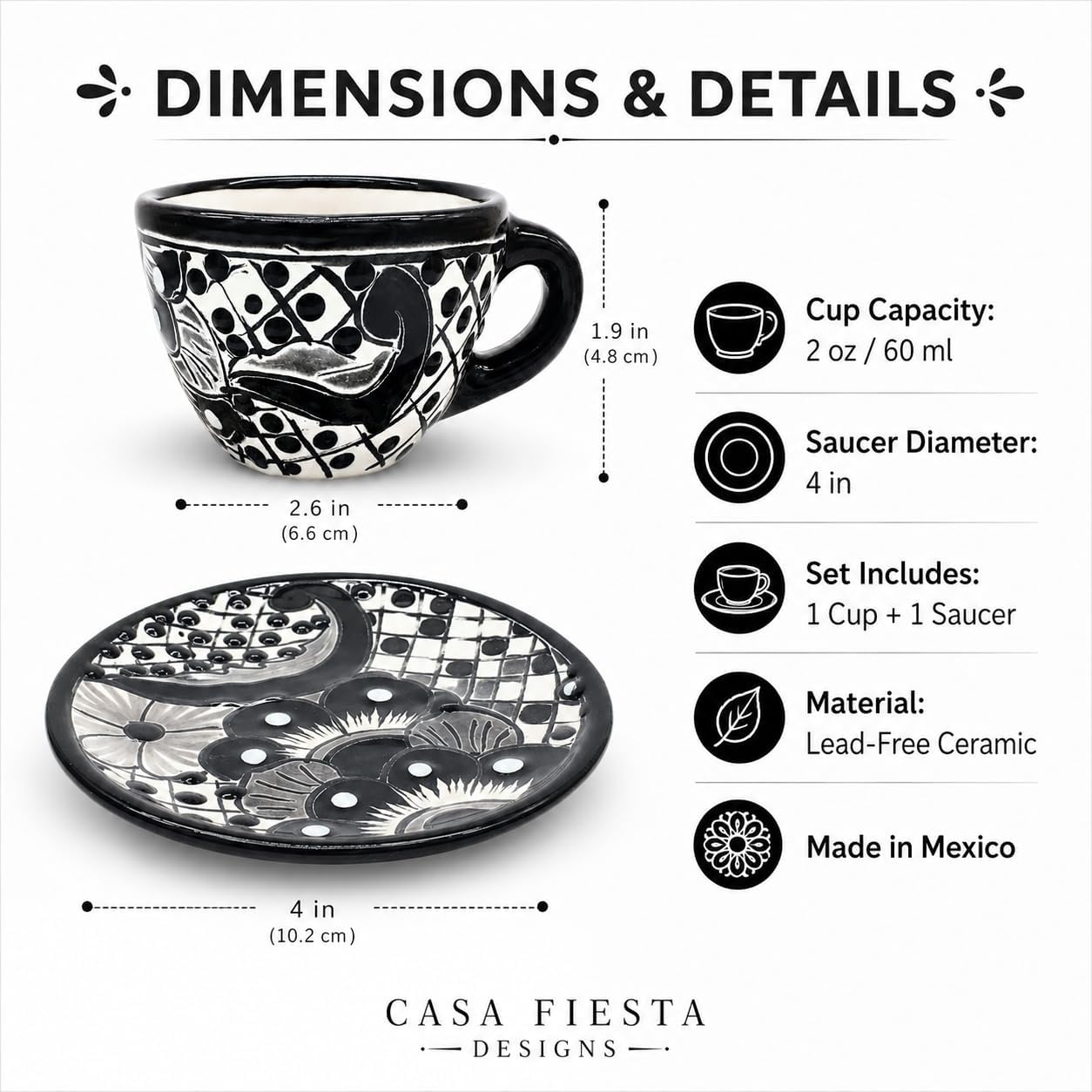 Black & White Mexican Espresso Cup & Saucer Set — detail of the hand-painted pattern