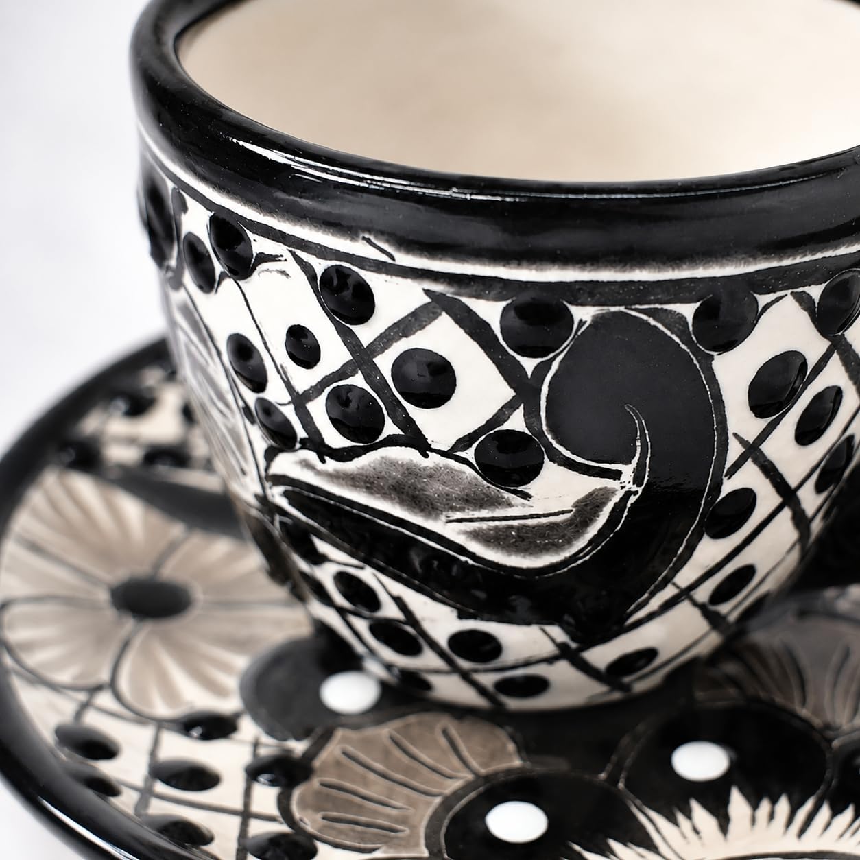 Black & White Mexican Espresso Cup & Saucer Set — top view