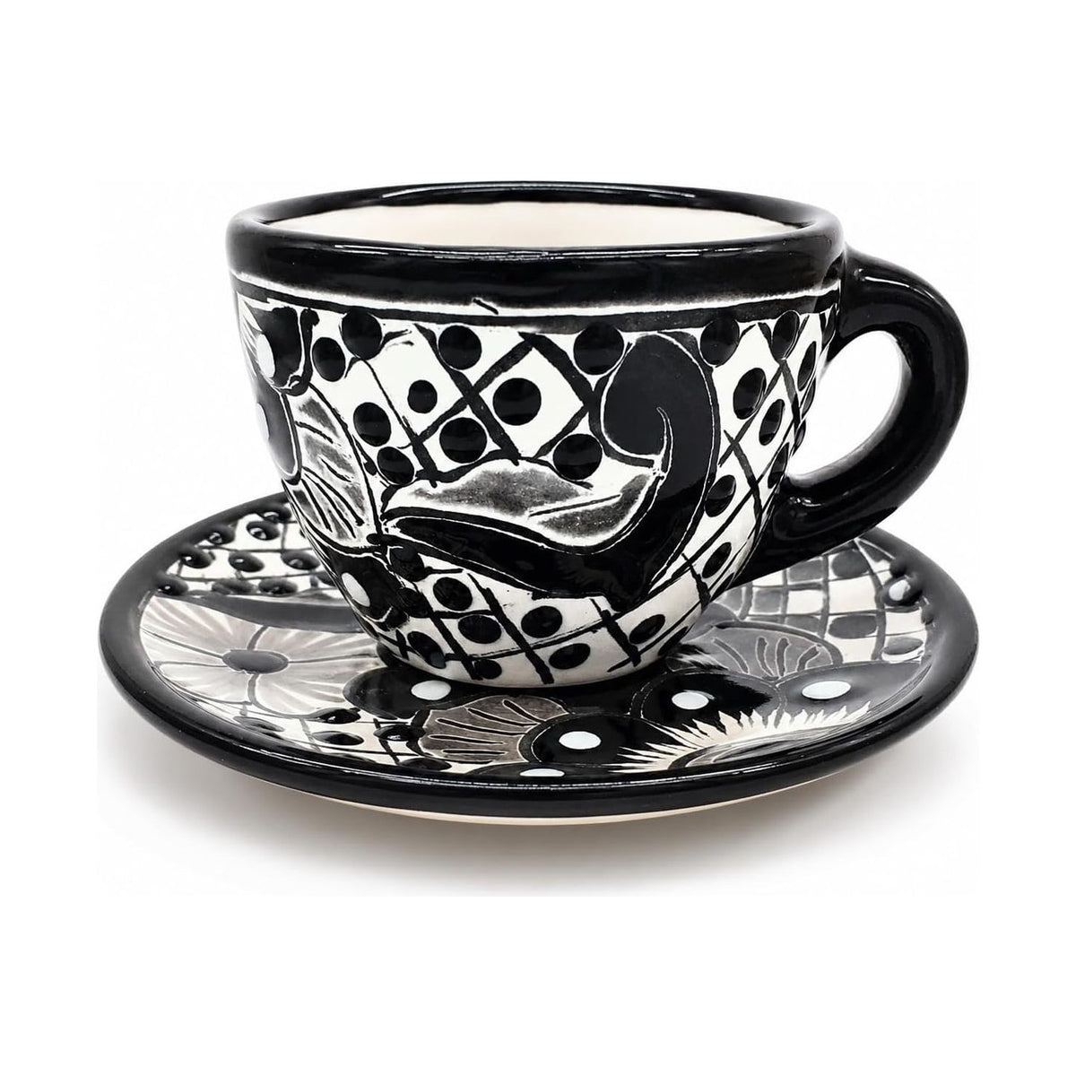 Black & White Mexican Espresso Cup & Saucer Set — angled view
