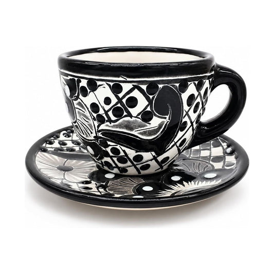 Black & White Mexican Espresso Cup & Saucer Set — angled view