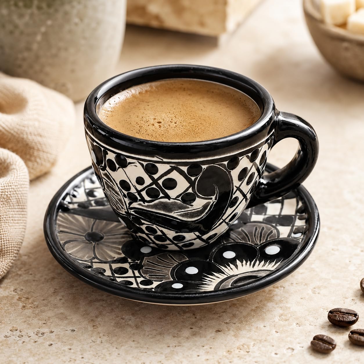 Black & White Mexican Espresso Cup & Saucer Set — alternate angle
