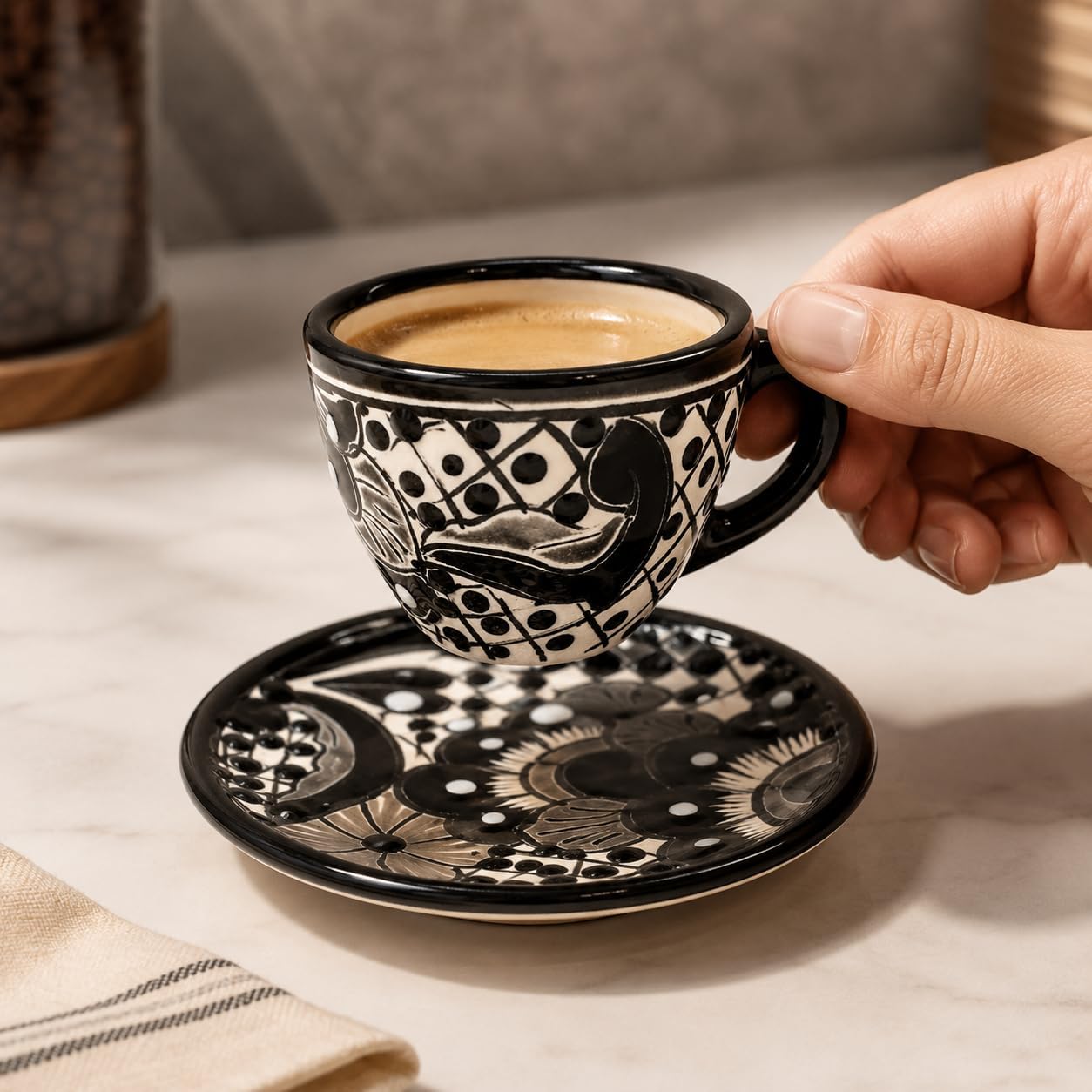 Black & White Mexican Espresso Cup & Saucer Set — close-up