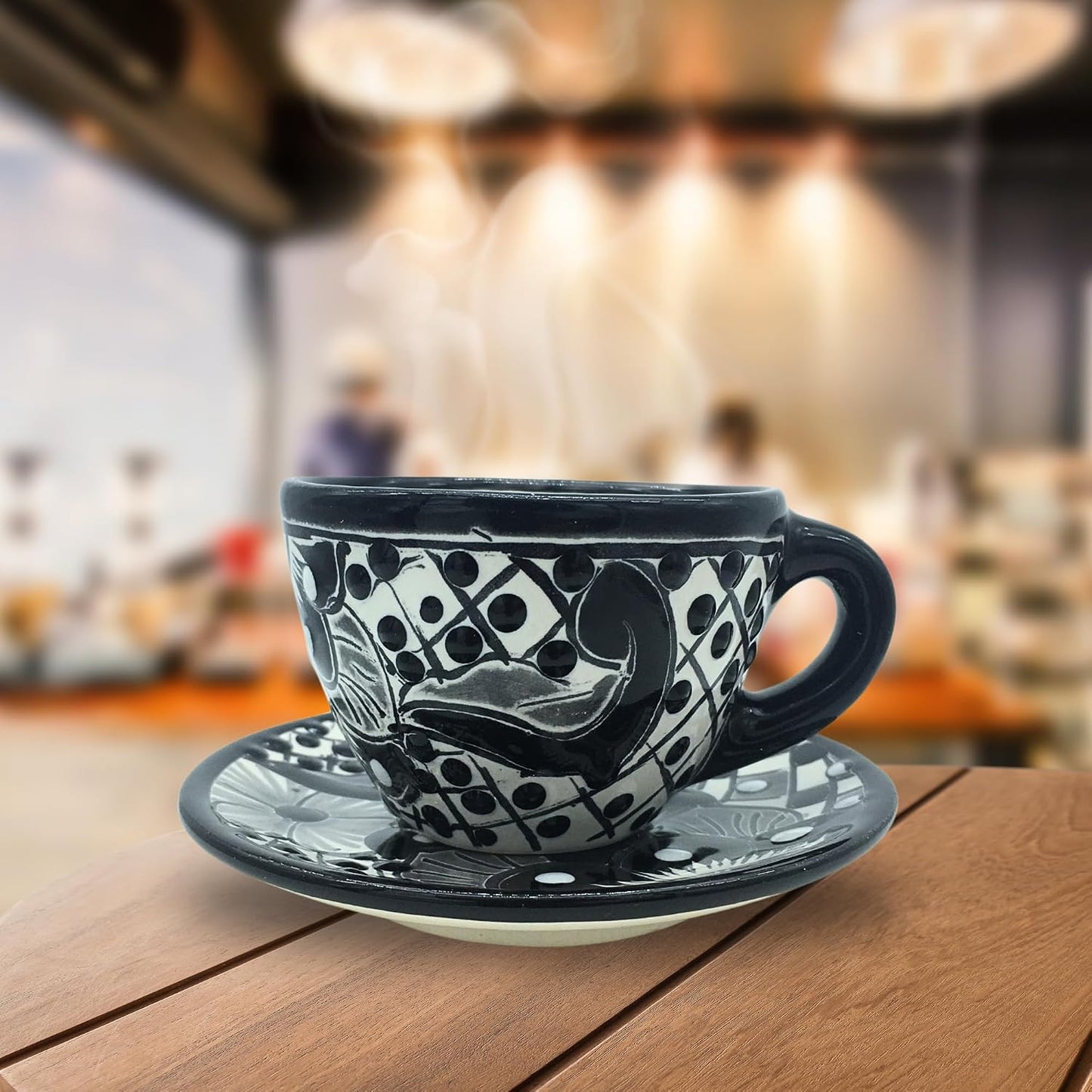 Black & White Mexican Espresso Cup & Saucer Set — scale reference