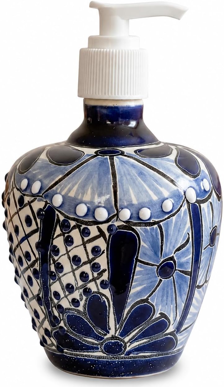 Blue & White Talavera, Style Soap & Lotion Dispenser — front view