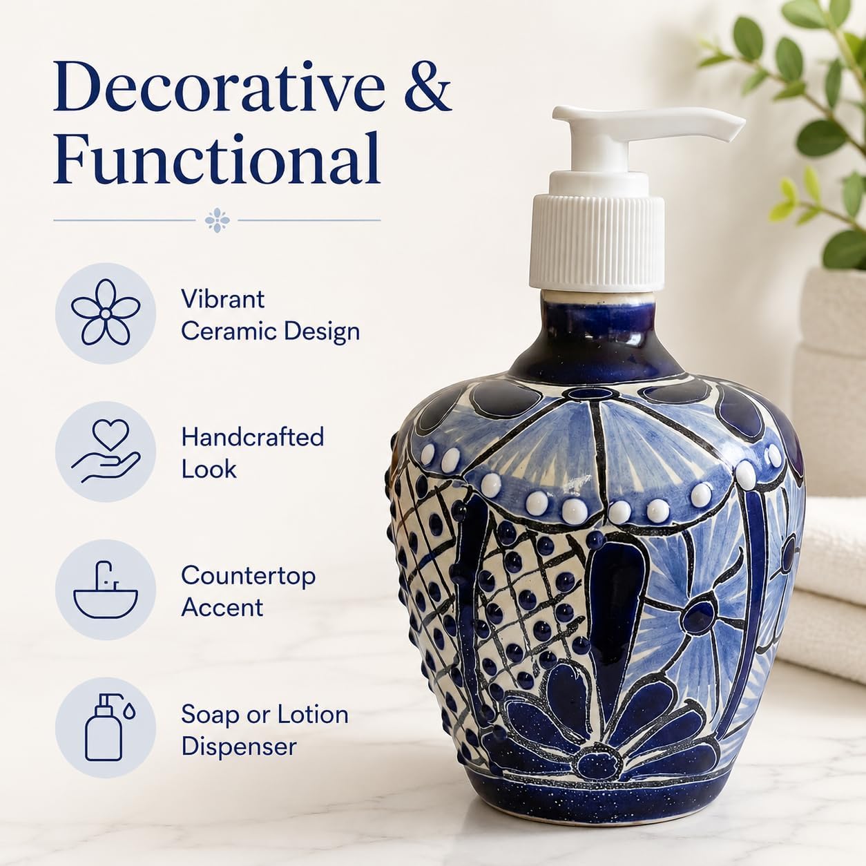 Blue & White Talavera, Style Soap & Lotion Dispenser — side view