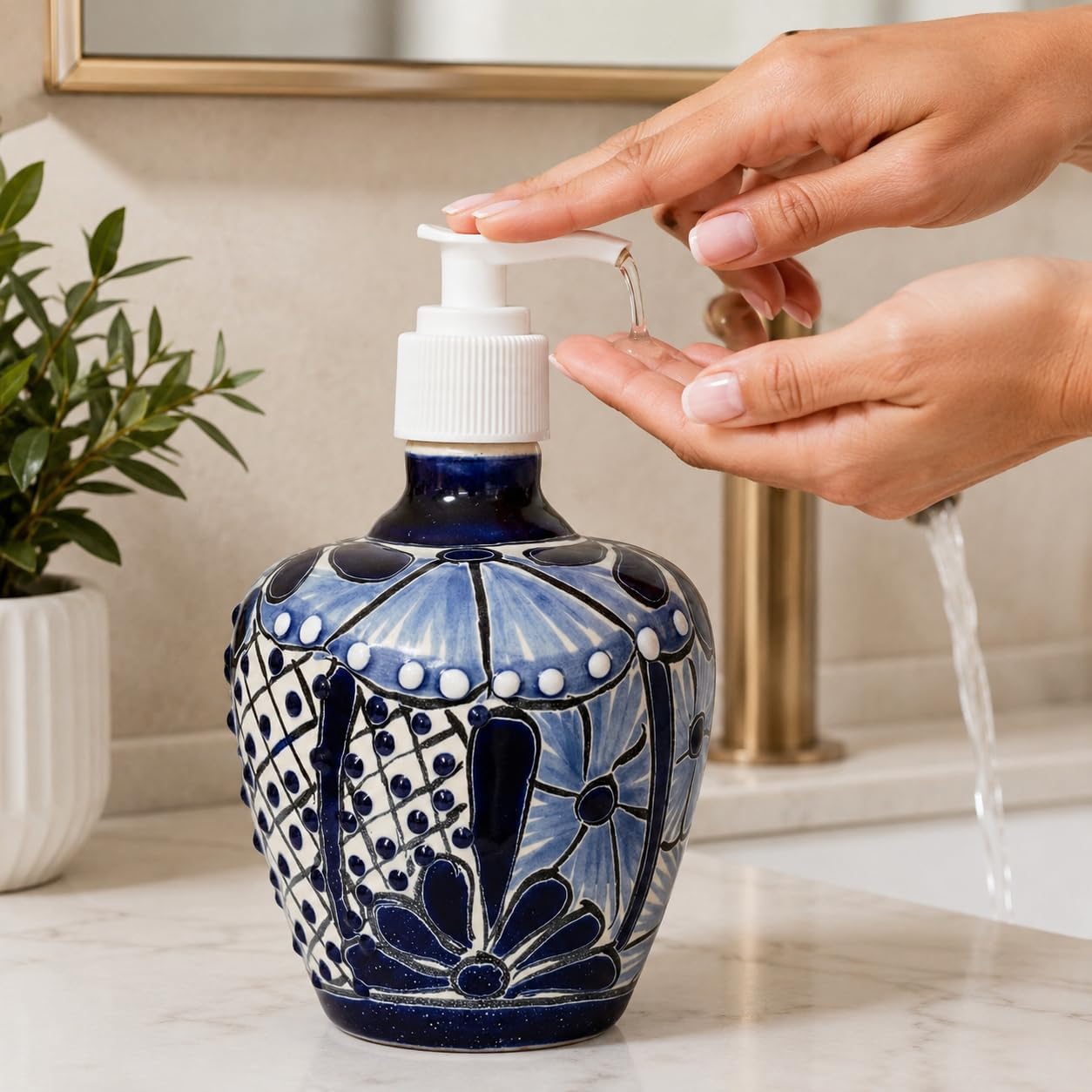 Blue & White Talavera, Style Soap & Lotion Dispenser — detail of the hand-painted pattern