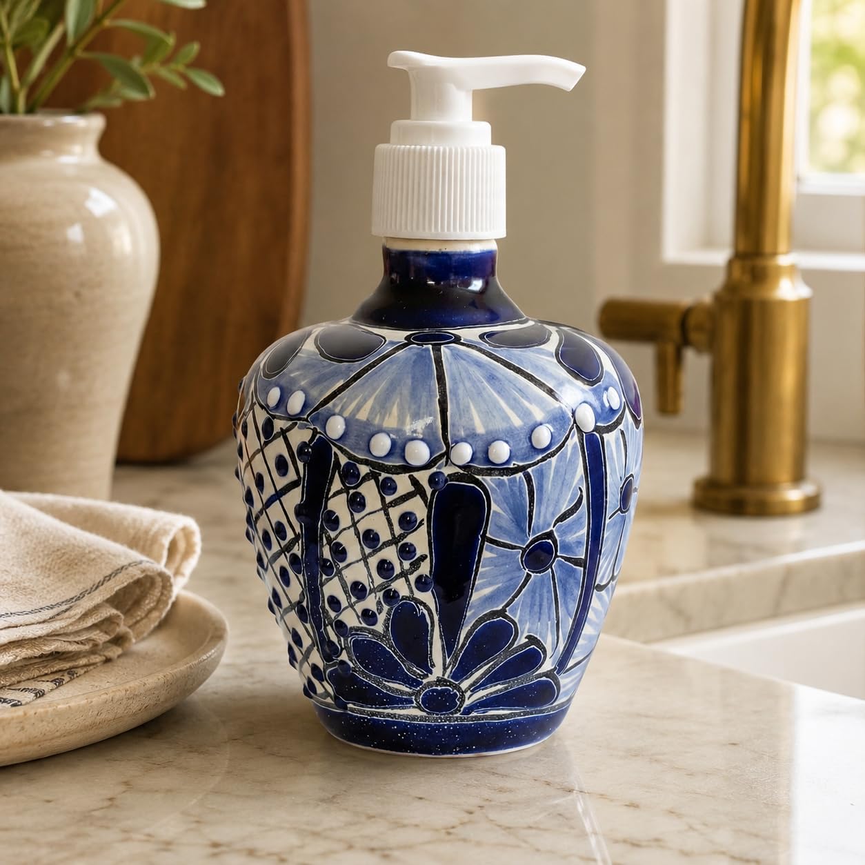 Blue & White Talavera, Style Soap & Lotion Dispenser — top view