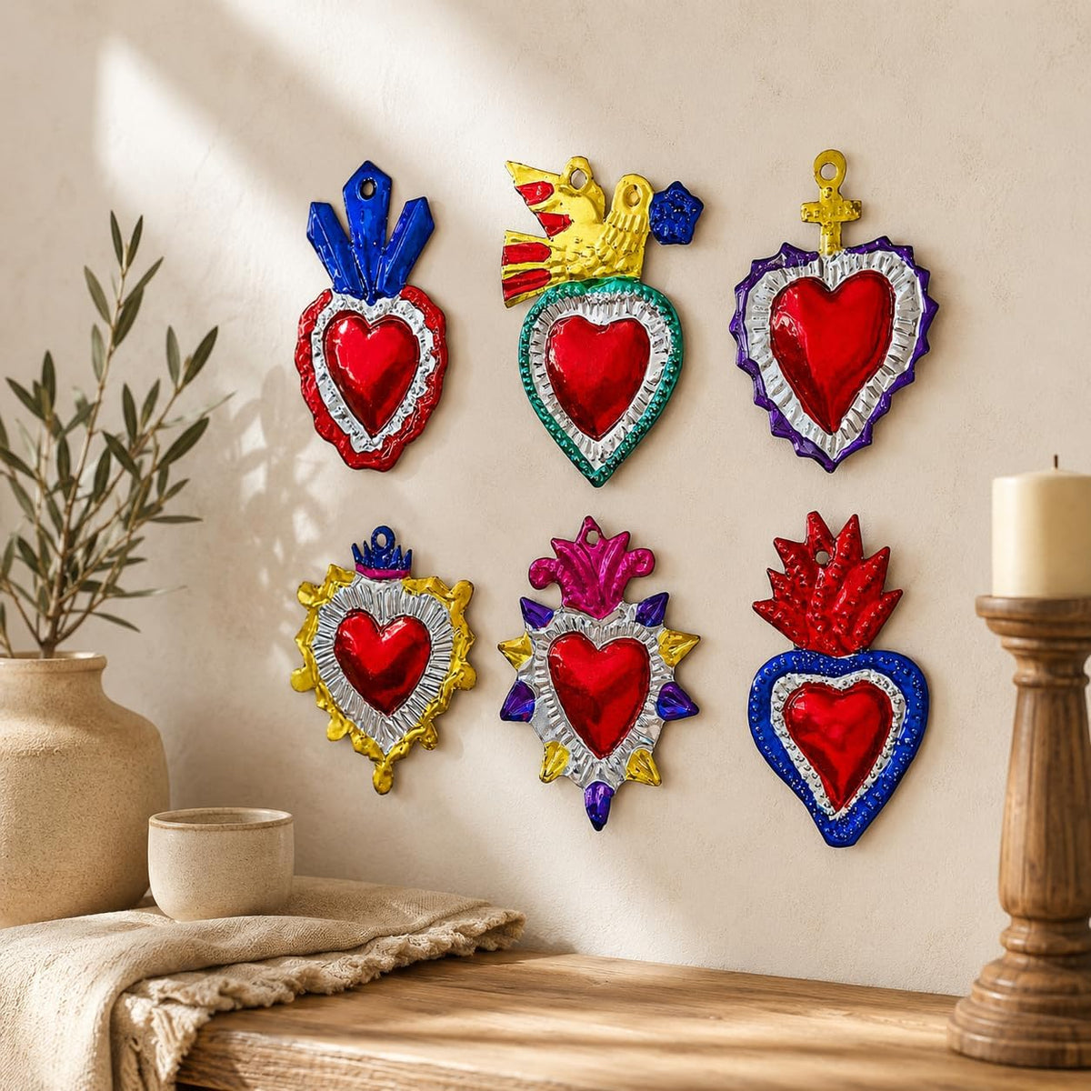 Multicolor Mexican Milagros Charms, Set of 6 — angled view