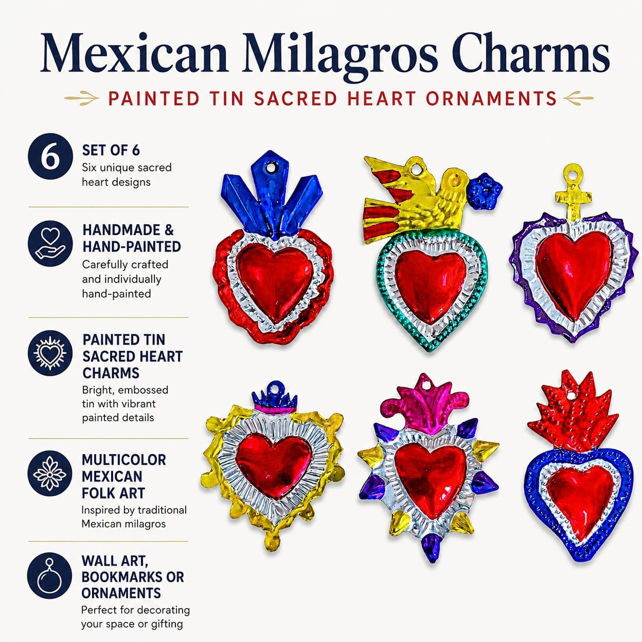 Multicolor Mexican Milagros Charms, Set of 6 — shown in use