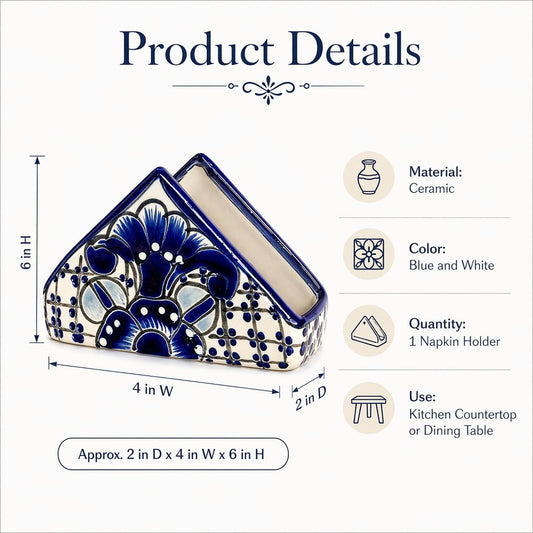 Blue and white Talavera-style ceramic napkin holder, hand-painted in Mexico — front view