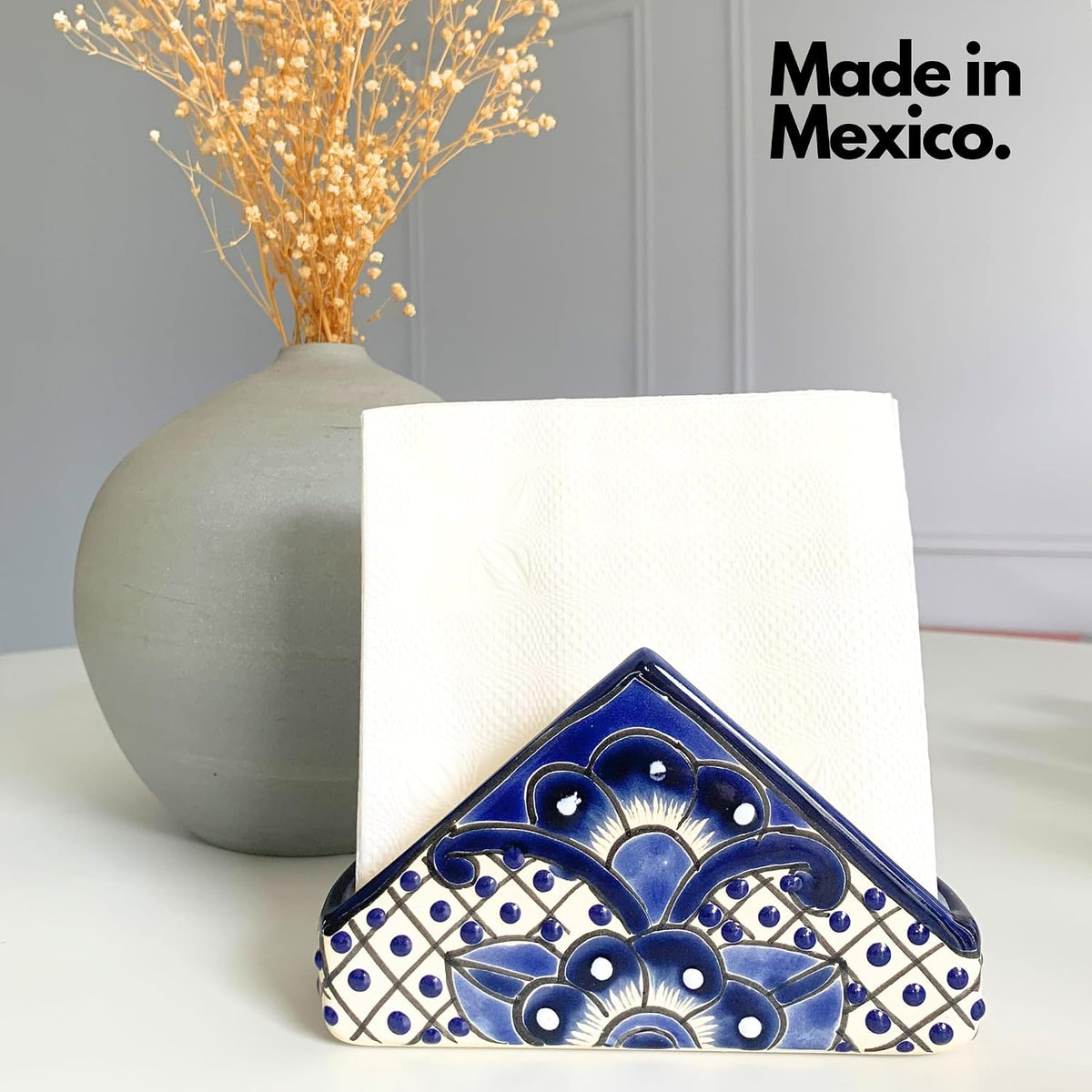 Blue and white Talavera-style ceramic napkin holder, hand-painted in Mexico — alternate view