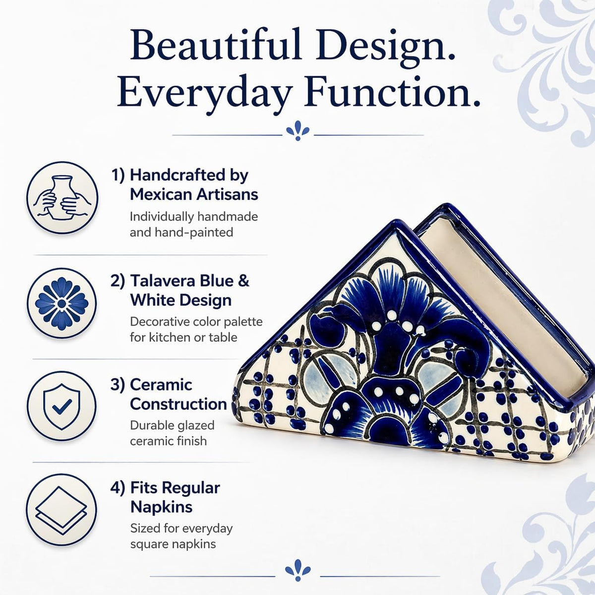 Blue and white Talavera-style ceramic napkin holder, hand-painted in Mexico — close-up
