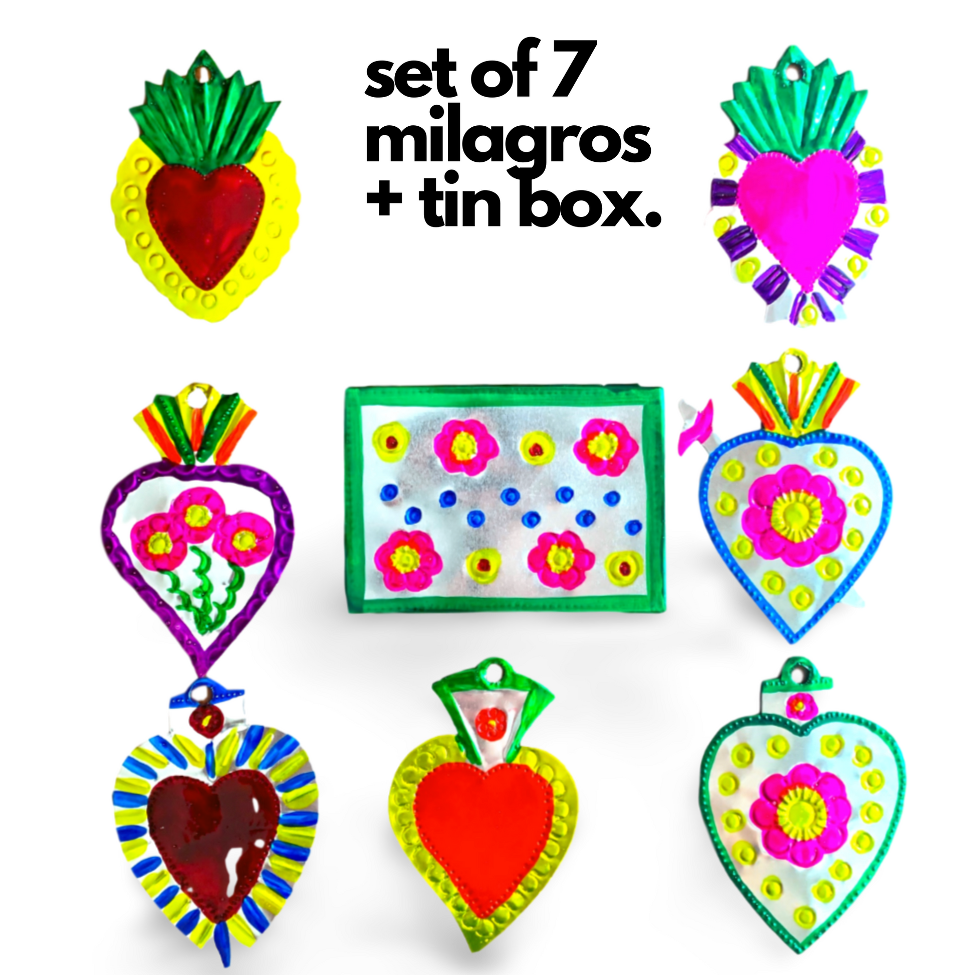Hand-painted Mexican Milagros charms set of 7 with a decorative tin box, ready for hanging or use as bookmarks.