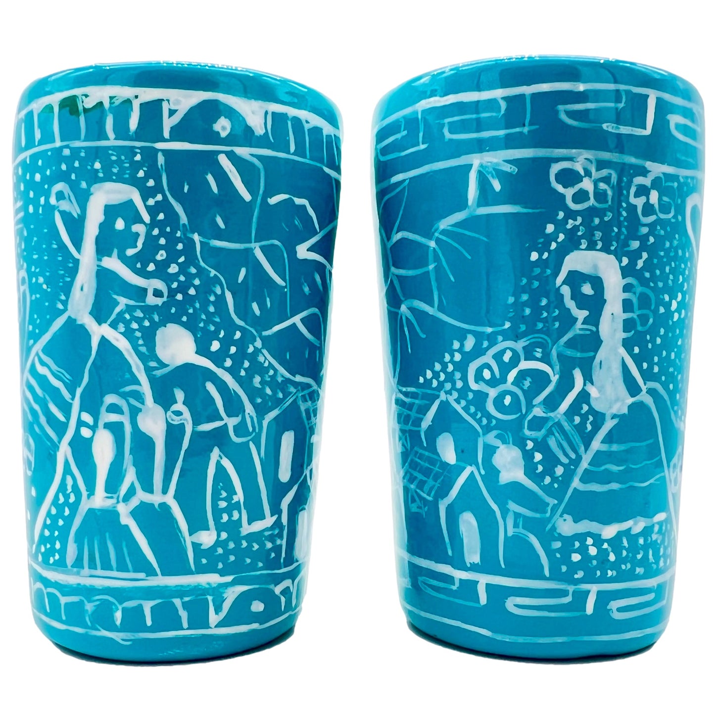 Turquoise ceramic shot glasses, individually hand-painted in Mexico, perfect for tequila, mezcal, or other spirits, pack of 2.