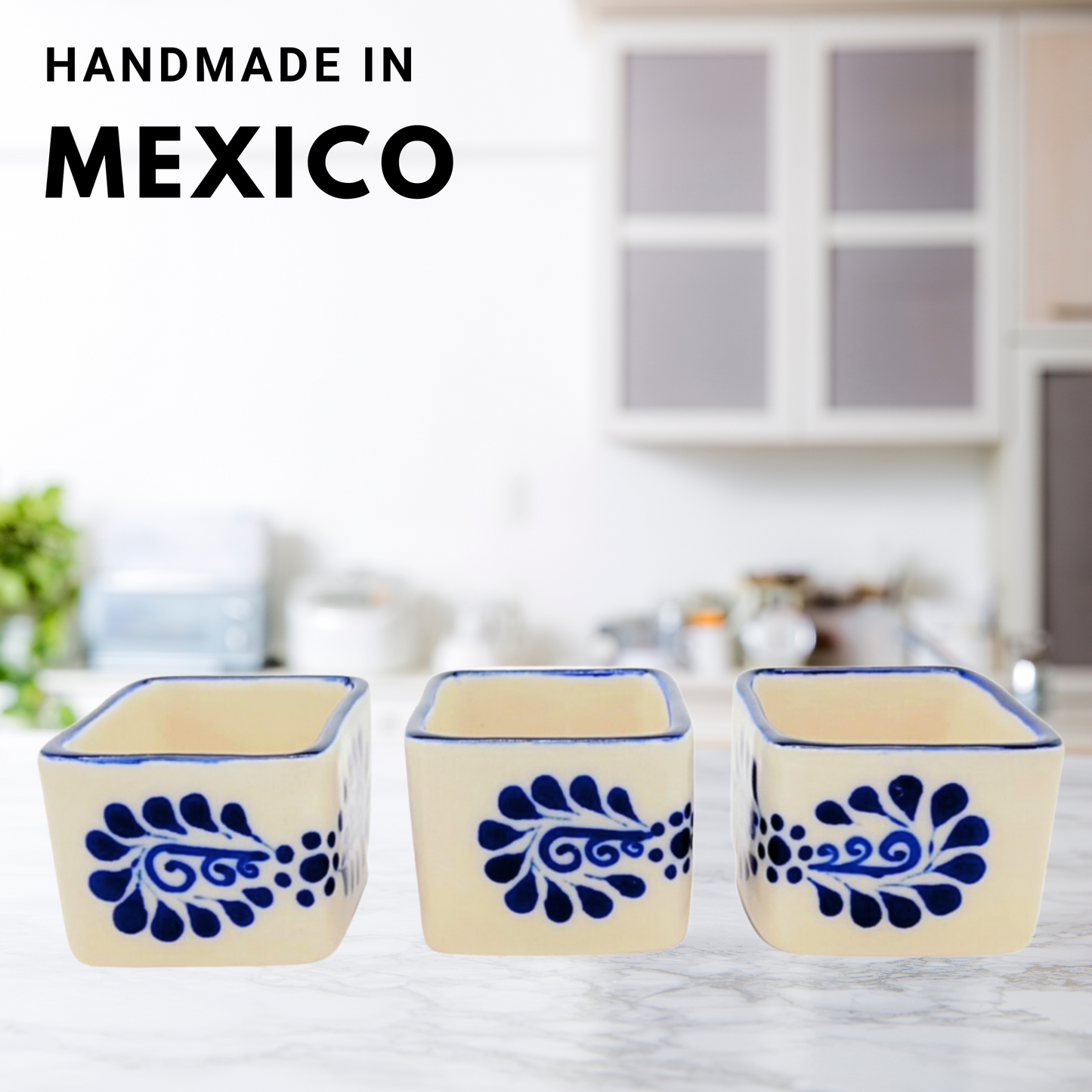 A set of 3 vibrant Talavera salsa and spices bowls, handmade and hand-painted in Mexico, perfect for a variety of condiments.