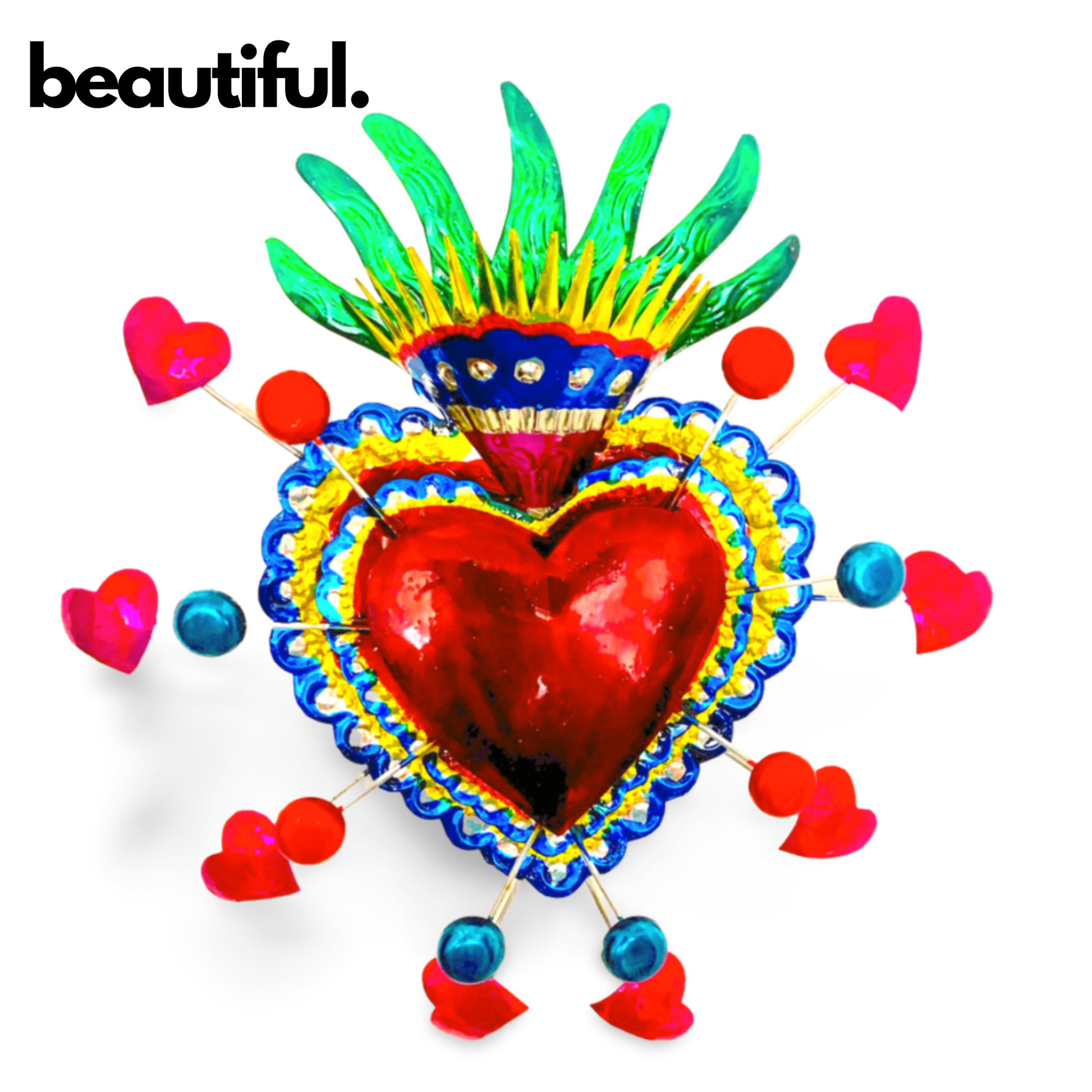 Vibrant, handcrafted Embossed Tin Heart Milagro wall decor, a unique piece of Mexican folk art, adding color and charm to any space.