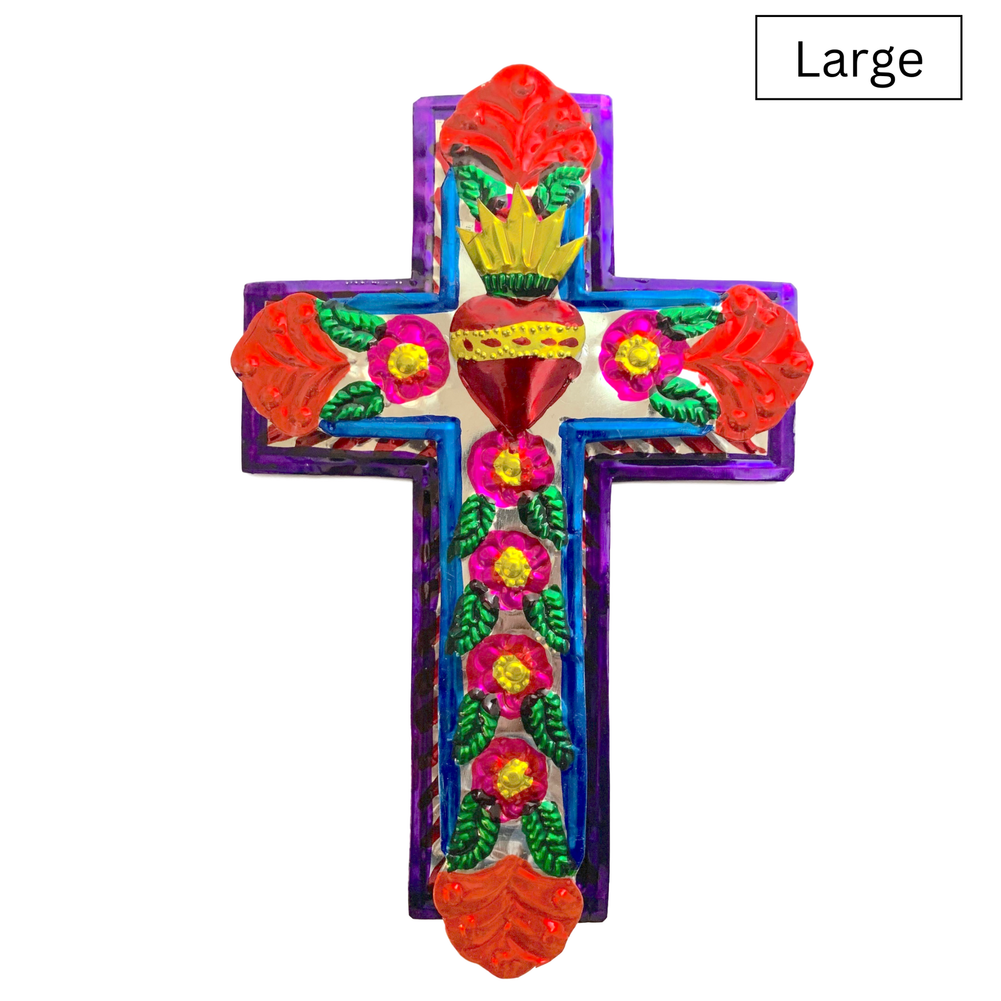front of A vibrant and uniquely hand-painted Authentic Mexican Tin Cross decor, medium-sized, perfect for brightening any space with its folk art charm.