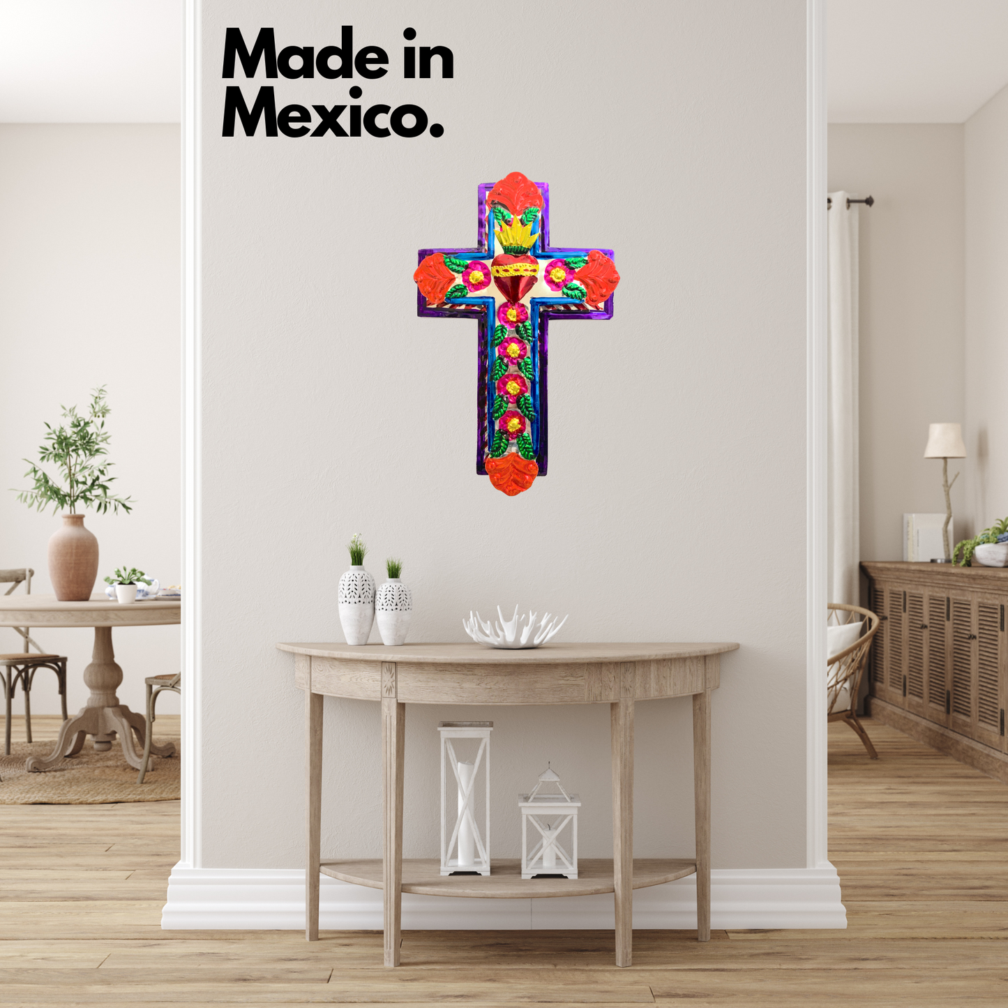 made in mexico A vibrant and uniquely hand-painted Authentic Mexican Tin Cross decor, medium-sized, perfect for brightening any space with its folk art charm.