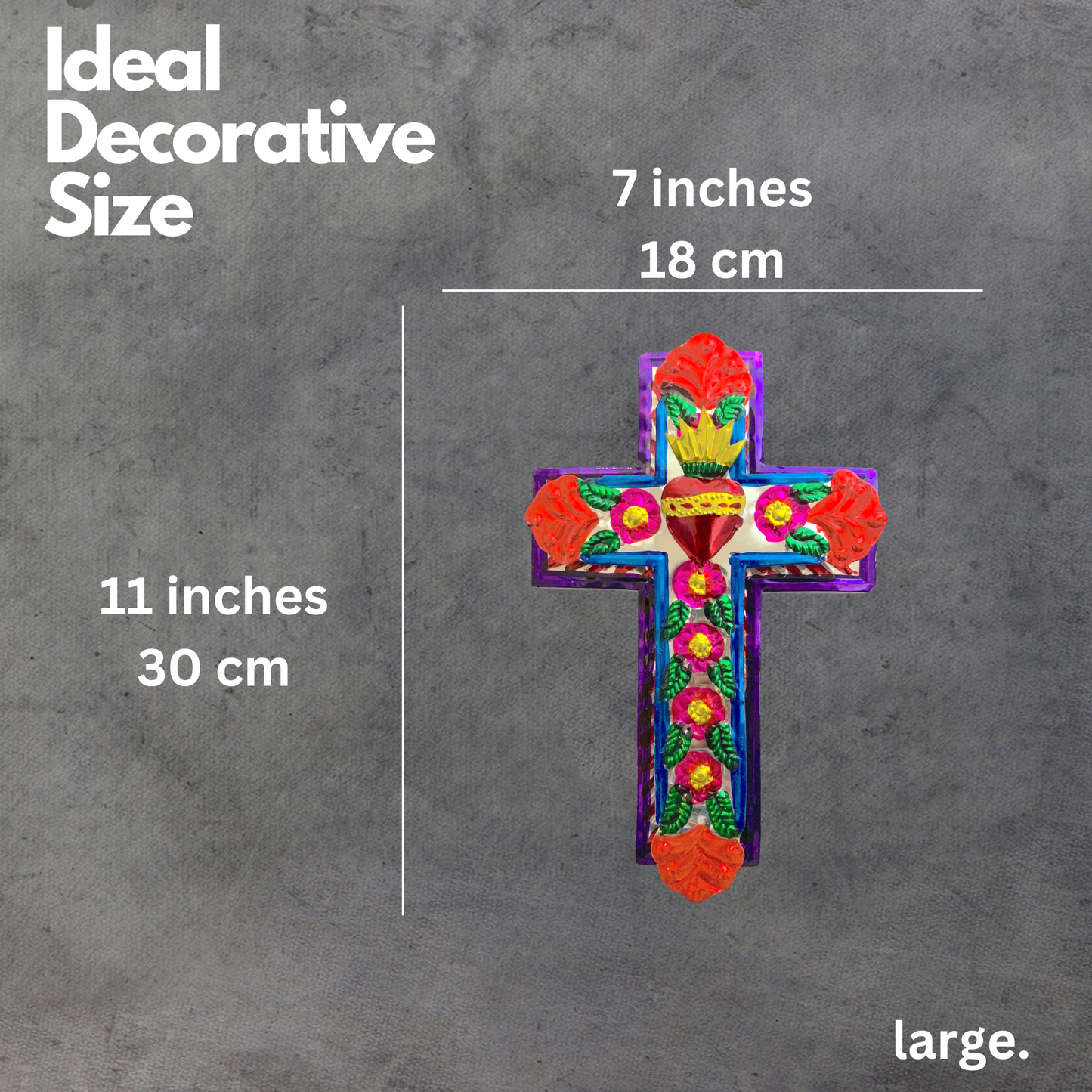 size of A vibrant and uniquely hand-painted Authentic Mexican Tin Cross decor, medium-sized, perfect for brightening any space with its folk art charm.
