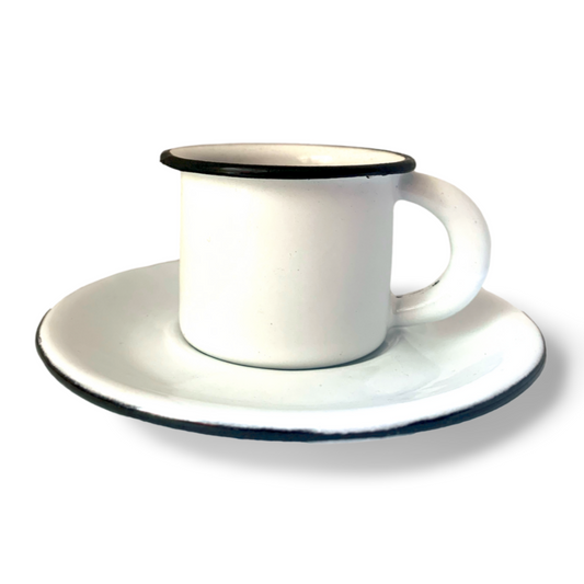 2 oz Mexican White hand-finished enamel espresso cup with 5" saucer. Perfect for a refined morning coffee ritual.