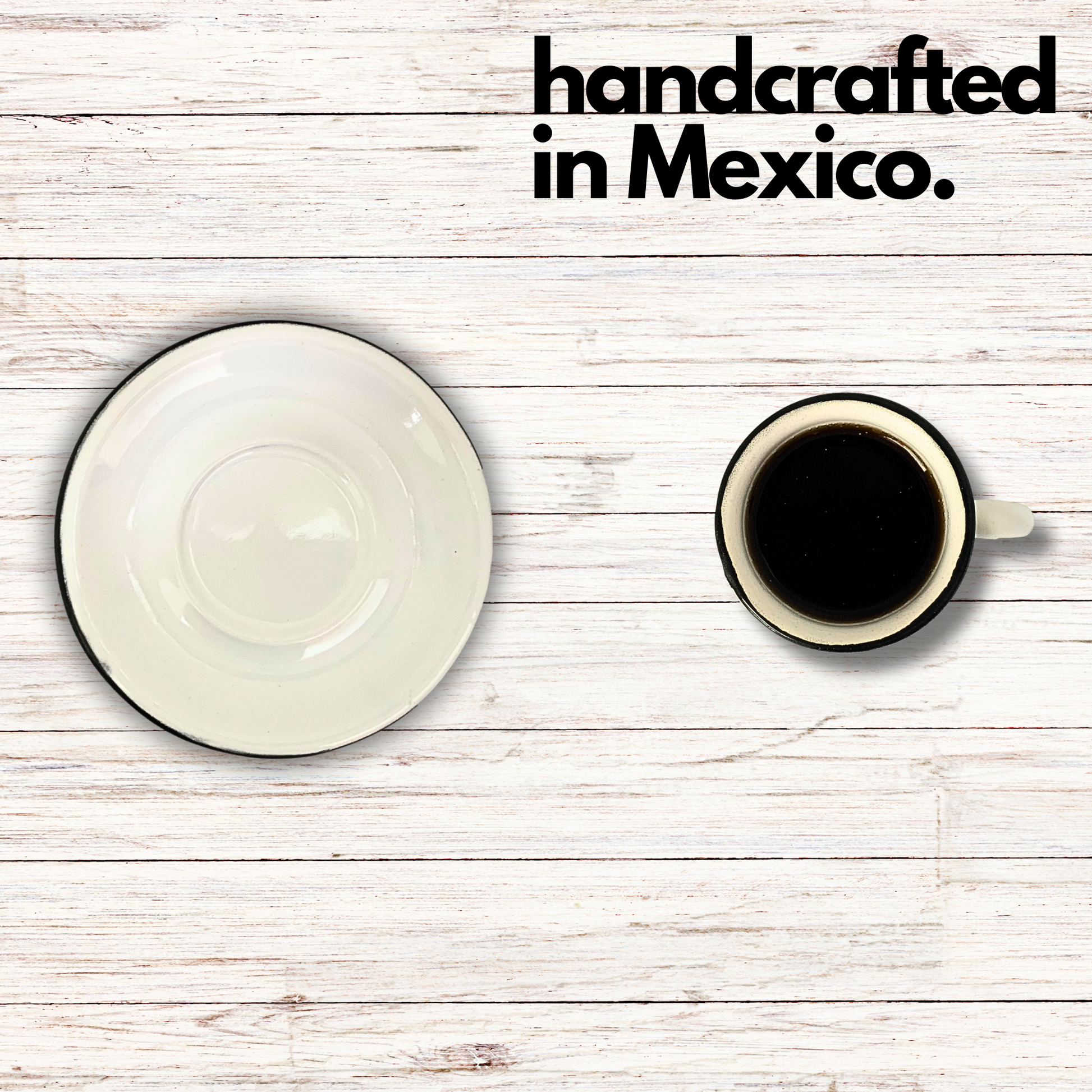 2 oz Mexican White hand-finished enamel espresso cup with 5" saucer. Perfect for a refined morning coffee ritual.