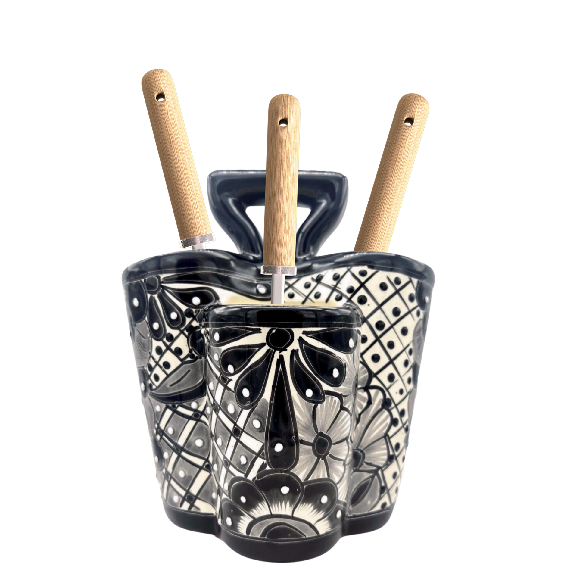 Large black and white ceramic utensil holder, hand-painted, handmade Mexican pottery, perfect as a kitchen organizer.