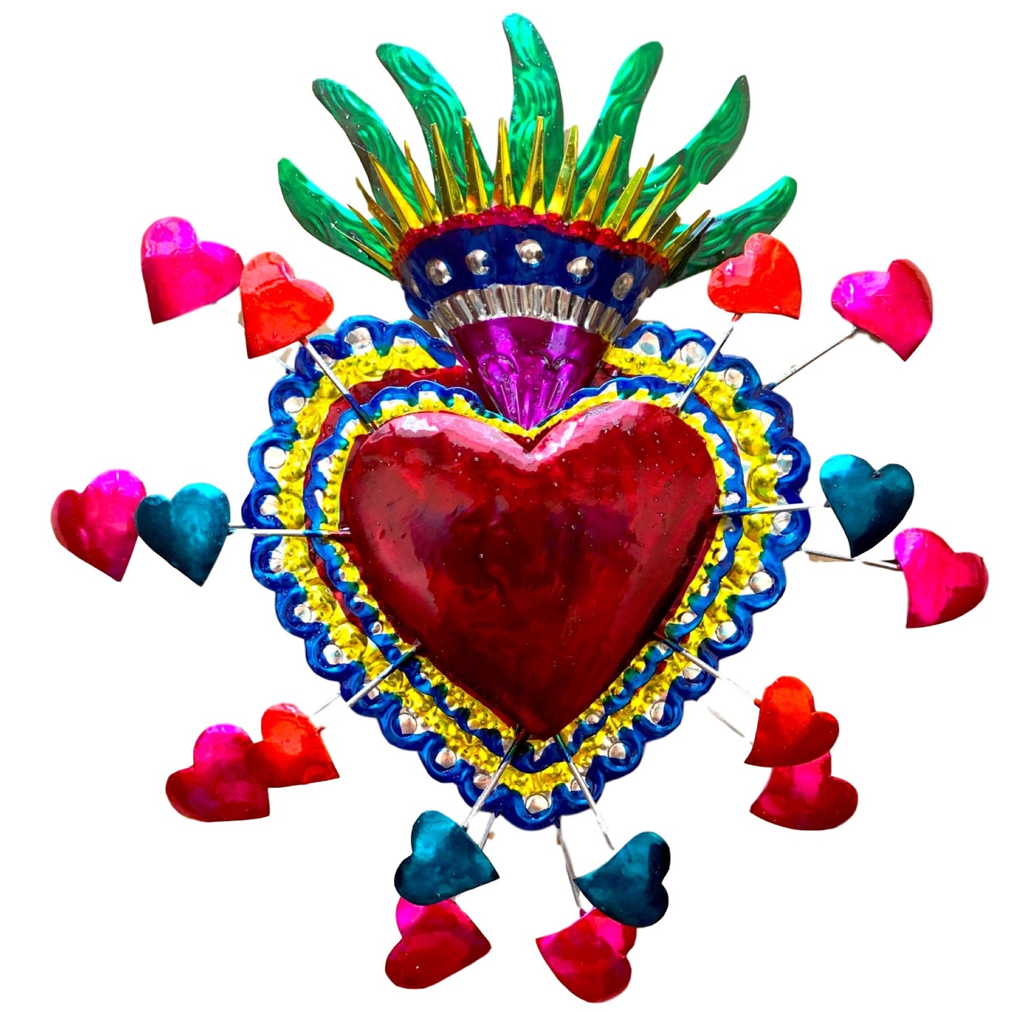 Colorful, hand-painted Embossed Tin Heart Milagro, a symbol of love and luck, easy to hang as vibrant Mexican Folk Art decor.