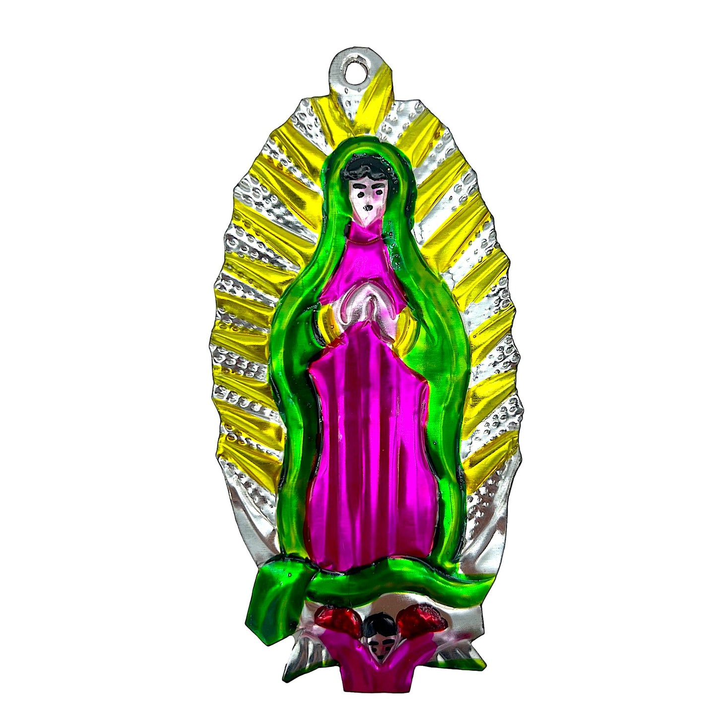 Our Lady of Guadalupe Mexican Milagro Art, a vibrant, handmade piece by skilled Mexican artisans.