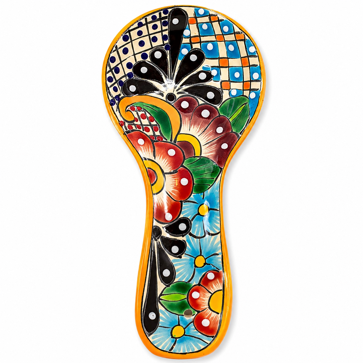 Colorful Talavera-style Mexican ceramic spoon rest, hand-painted in Mexico — top view of the full hand-painted floral pattern