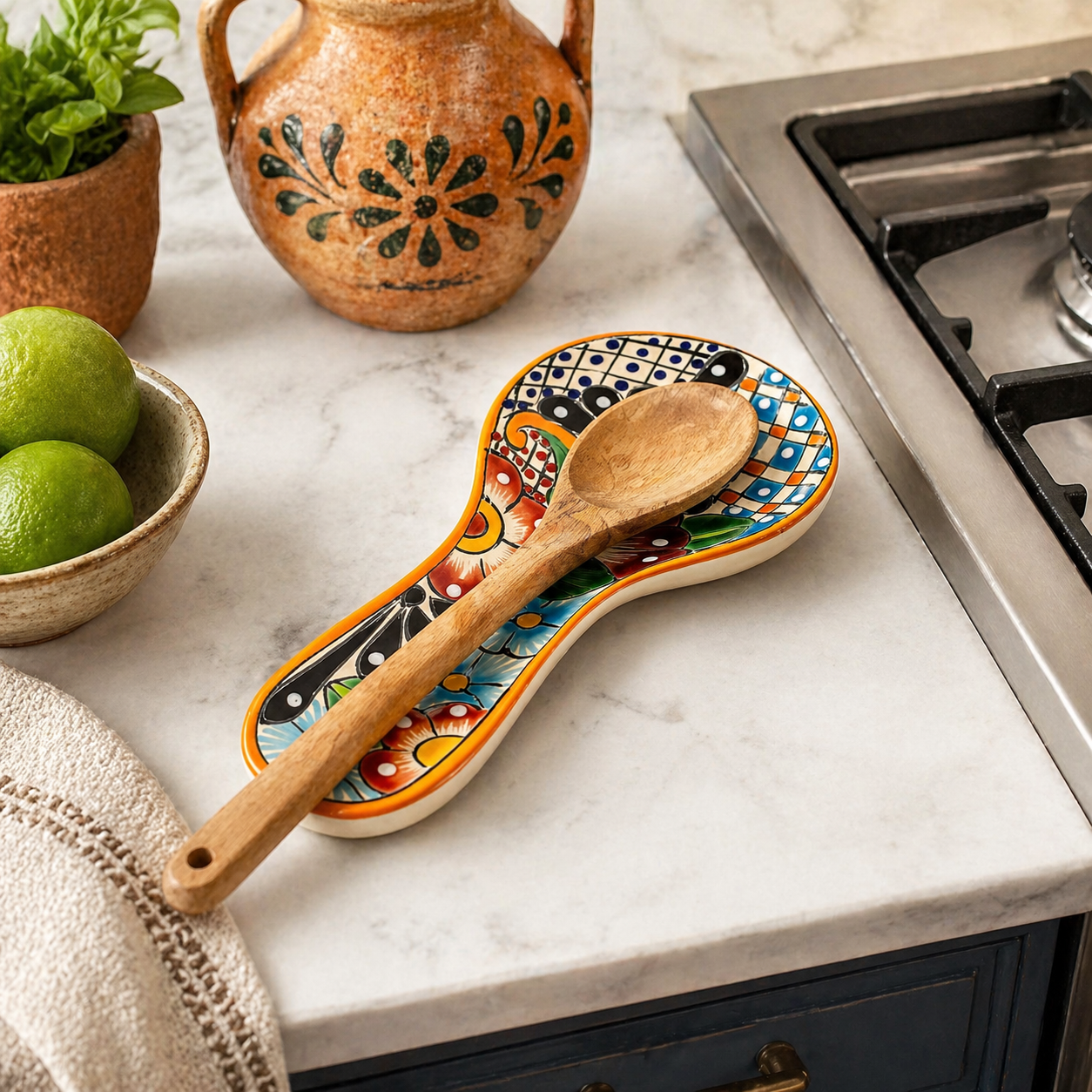 Colorful Talavera-style Mexican ceramic spoon rest, hand-painted in Mexico — side view