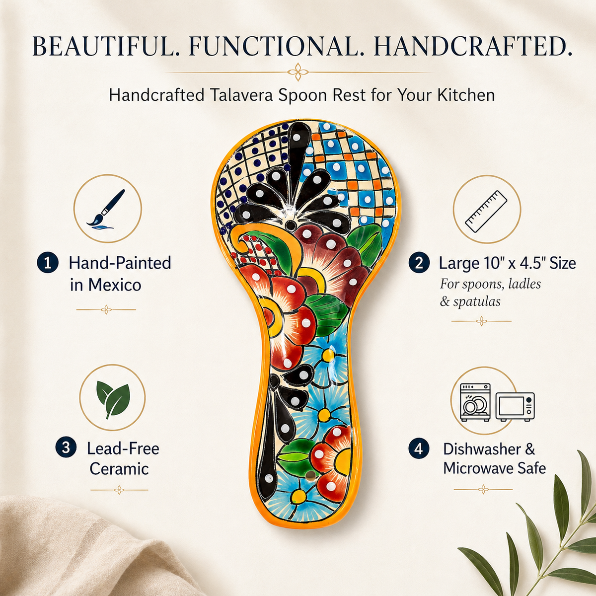 Colorful Talavera-style Mexican ceramic spoon rest, hand-painted in Mexico — product features: hand-painted in Mexico, large 10 by 4.5 inch size,