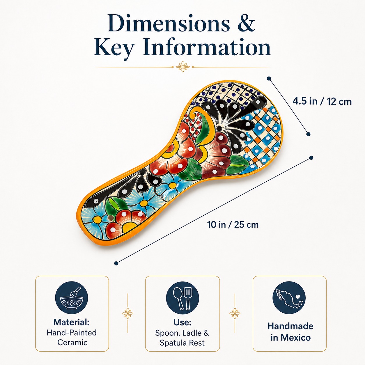 Colorful Talavera-style Mexican ceramic spoon rest, hand-painted in Mexico — alternate view