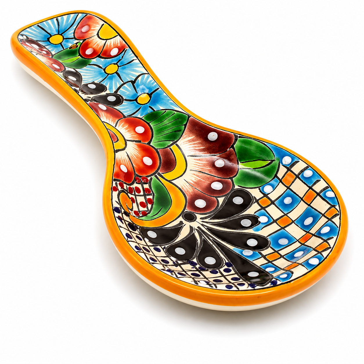 Colorful Talavera-style Mexican ceramic spoon rest, hand-painted in Mexico — angled view showing the raised rim and glaze