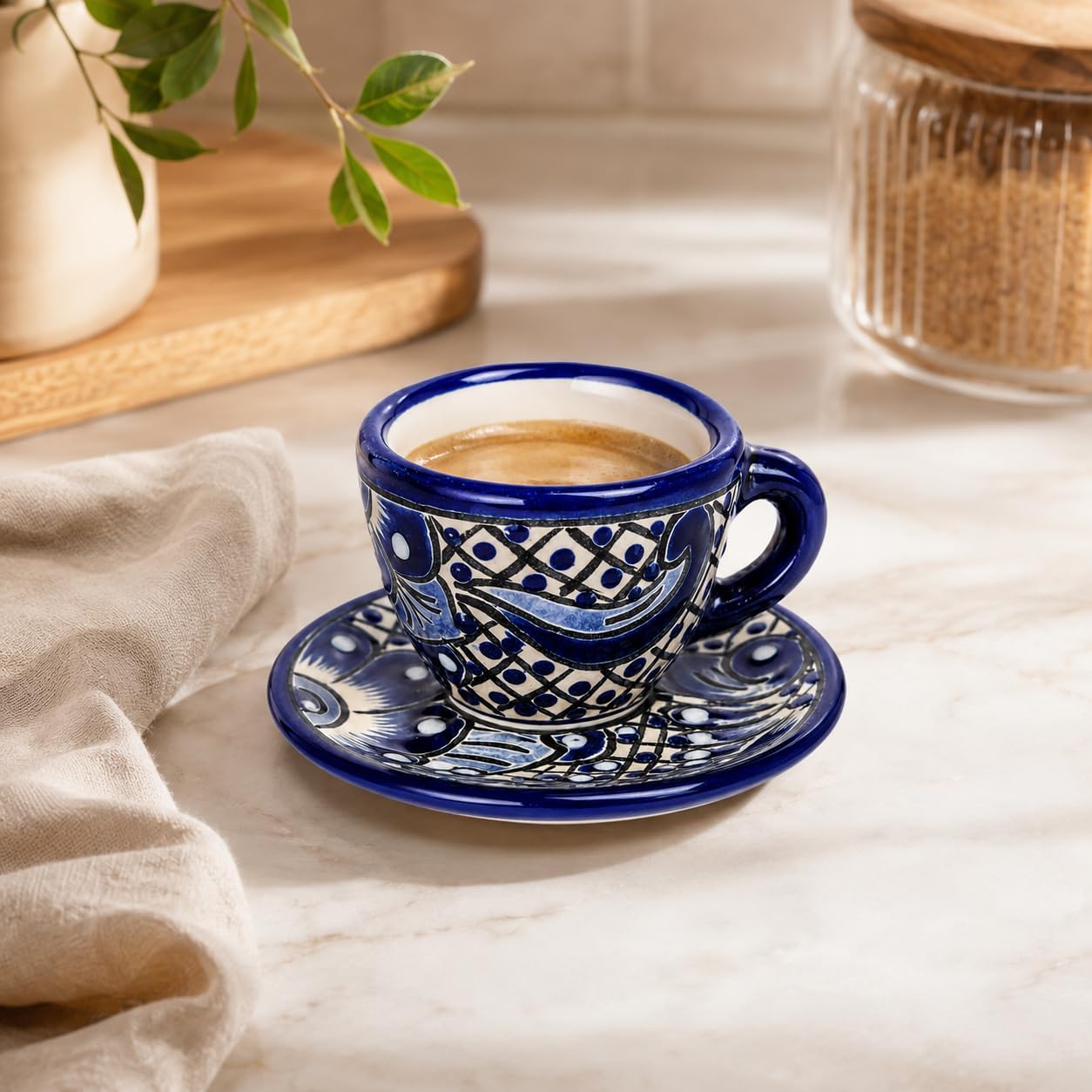 Blue & White Talavera, Style Espresso Cup & Saucer — side view