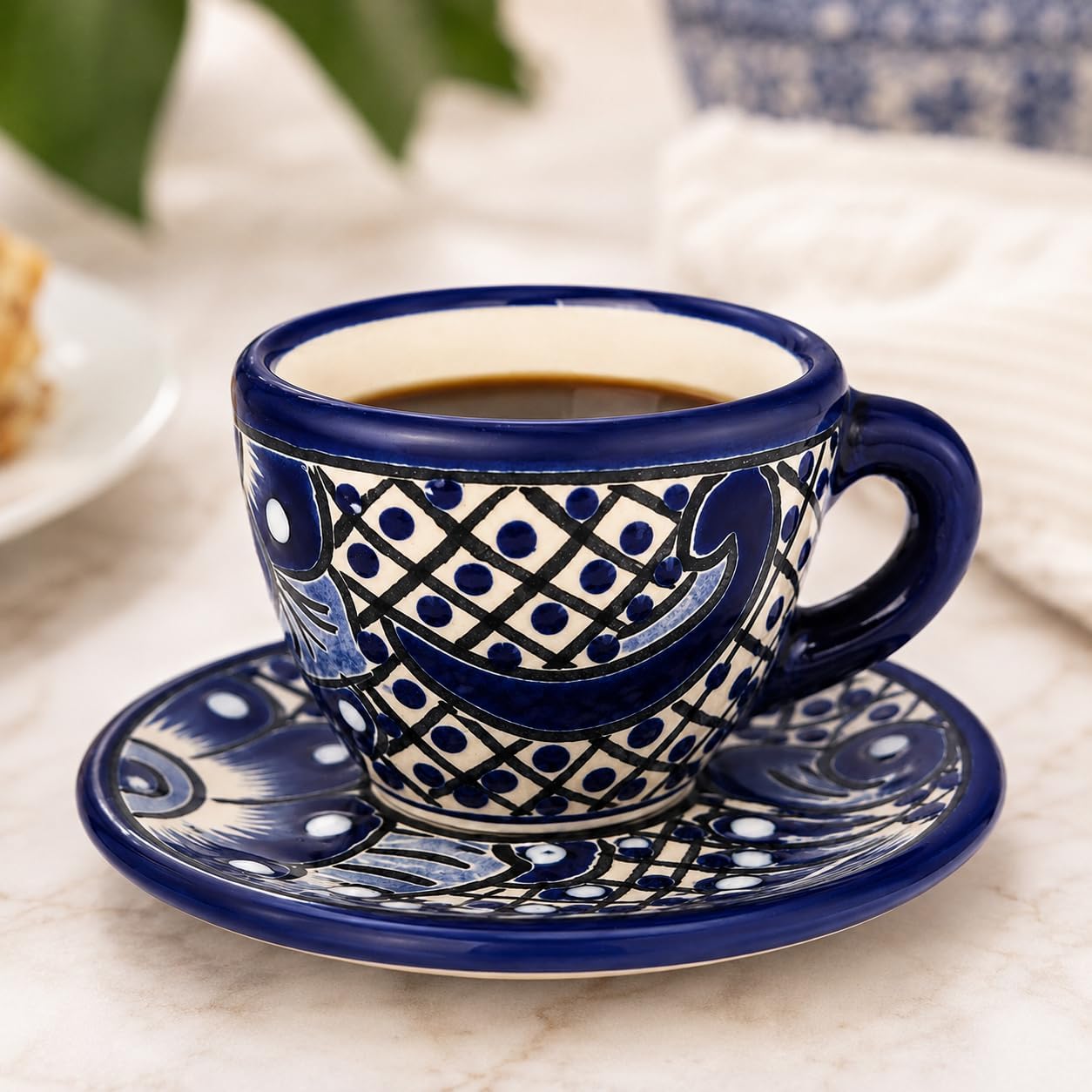 Blue & White Talavera, Style Espresso Cup & Saucer — detail of the hand-painted pattern