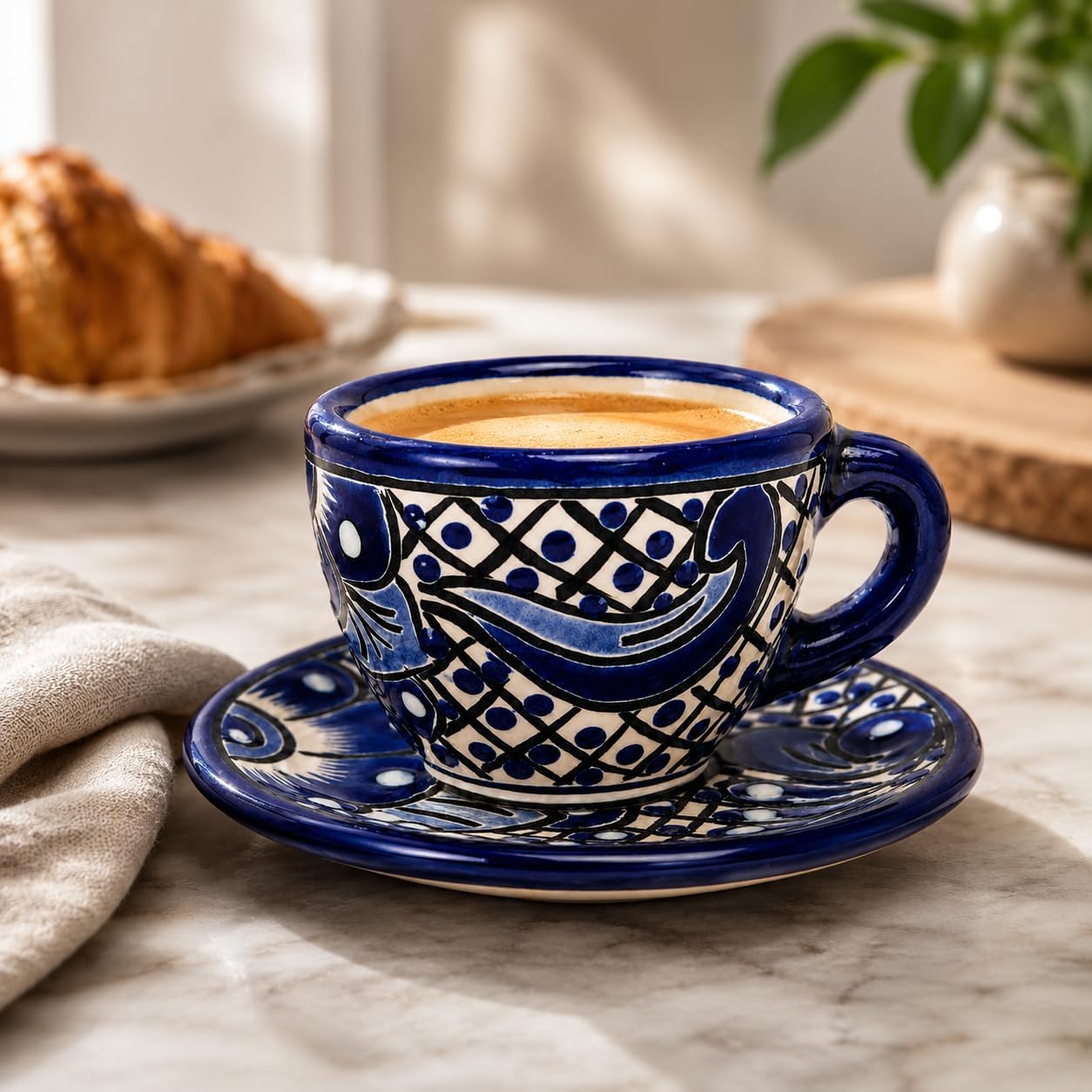 Blue & White Talavera, Style Espresso Cup & Saucer — top view