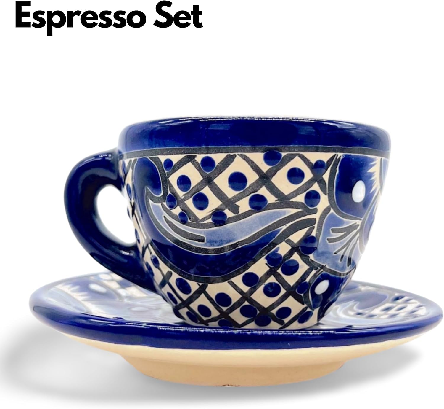 Blue & White Talavera, Style Espresso Cup & Saucer — angled view