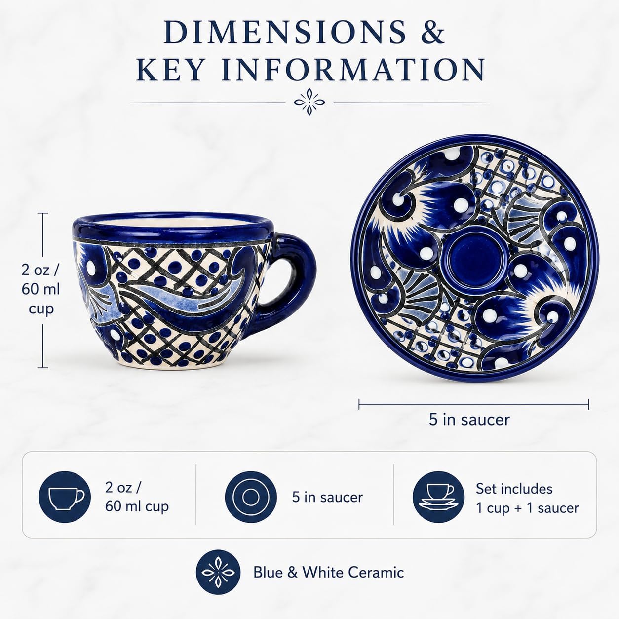 Blue & White Talavera, Style Espresso Cup & Saucer — close-up