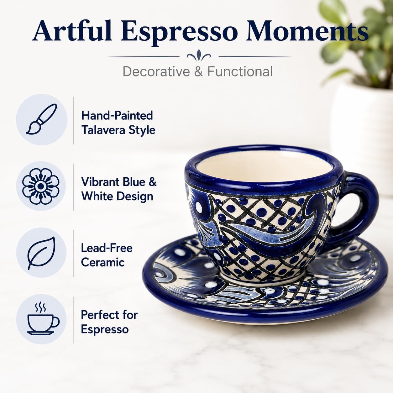 Blue & White Talavera, Style Espresso Cup & Saucer — shown in use