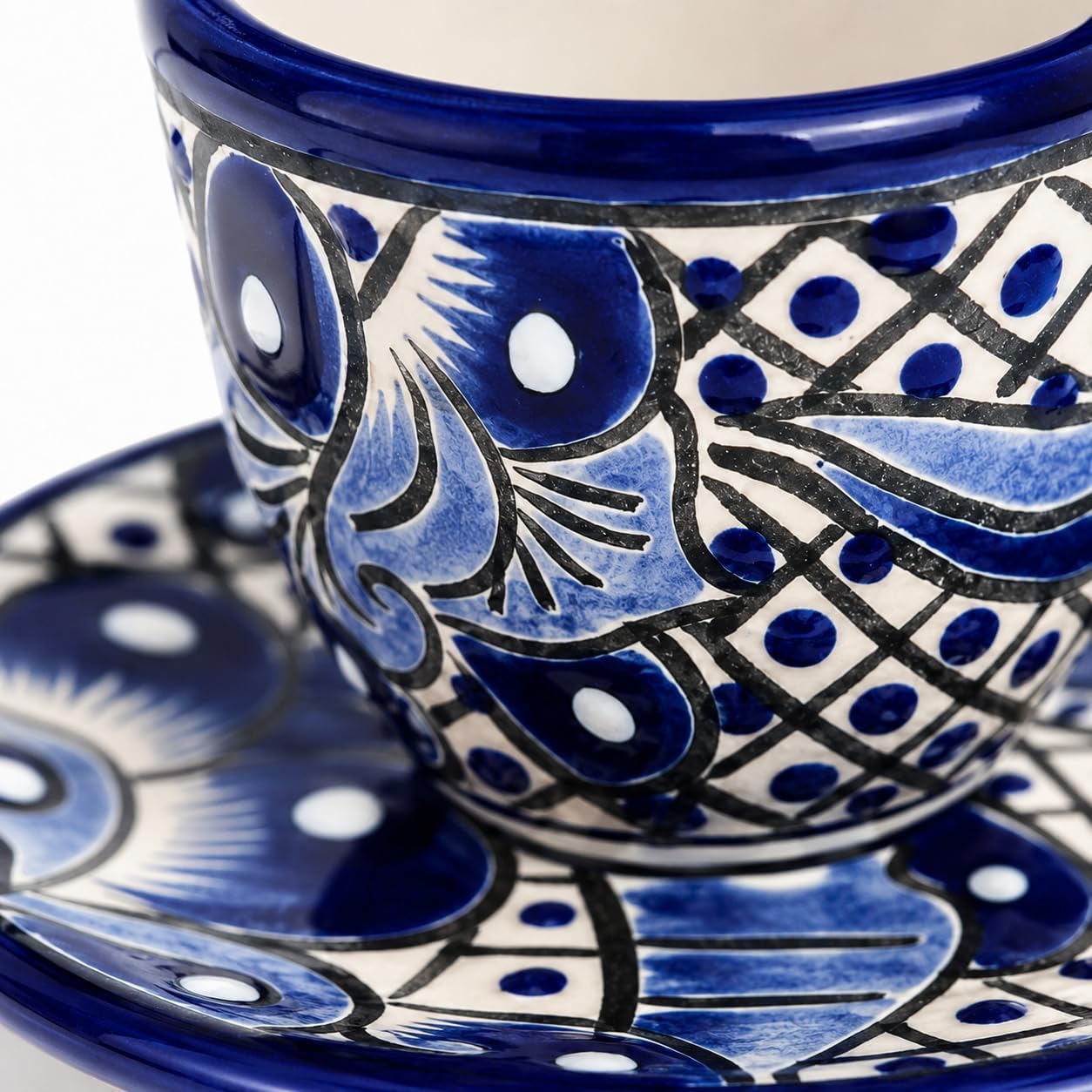 Blue & White Talavera, Style Espresso Cup & Saucer — scale reference