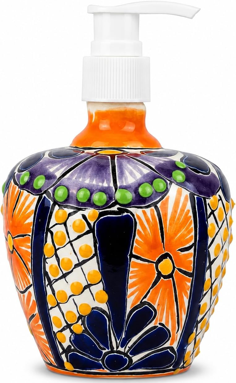 Multicolor Talavera, Style Soap & Lotion Dispenser — detail of the hand-painted pattern