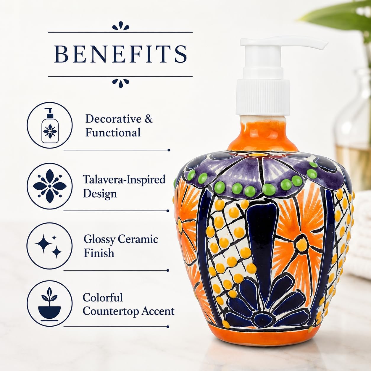 Multicolor Talavera, Style Soap & Lotion Dispenser — angled view