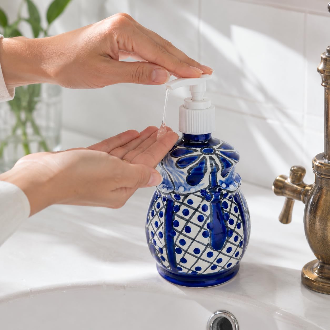 Talavera, Style Ceramic Soap Dispenser, Blue and White — side view