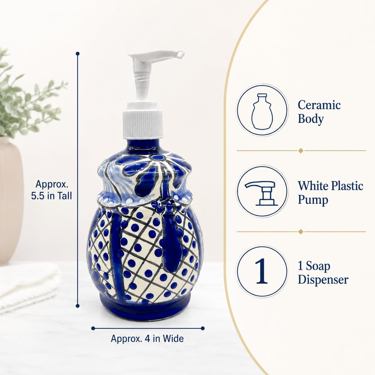 Talavera, Style Ceramic Soap Dispenser, Blue and White — detail of the hand-painted pattern