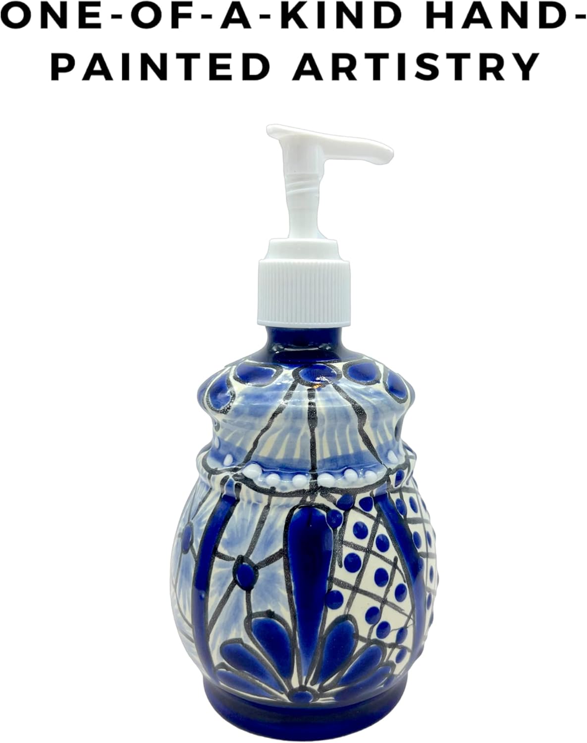 Talavera, Style Ceramic Soap Dispenser, Blue and White — top view