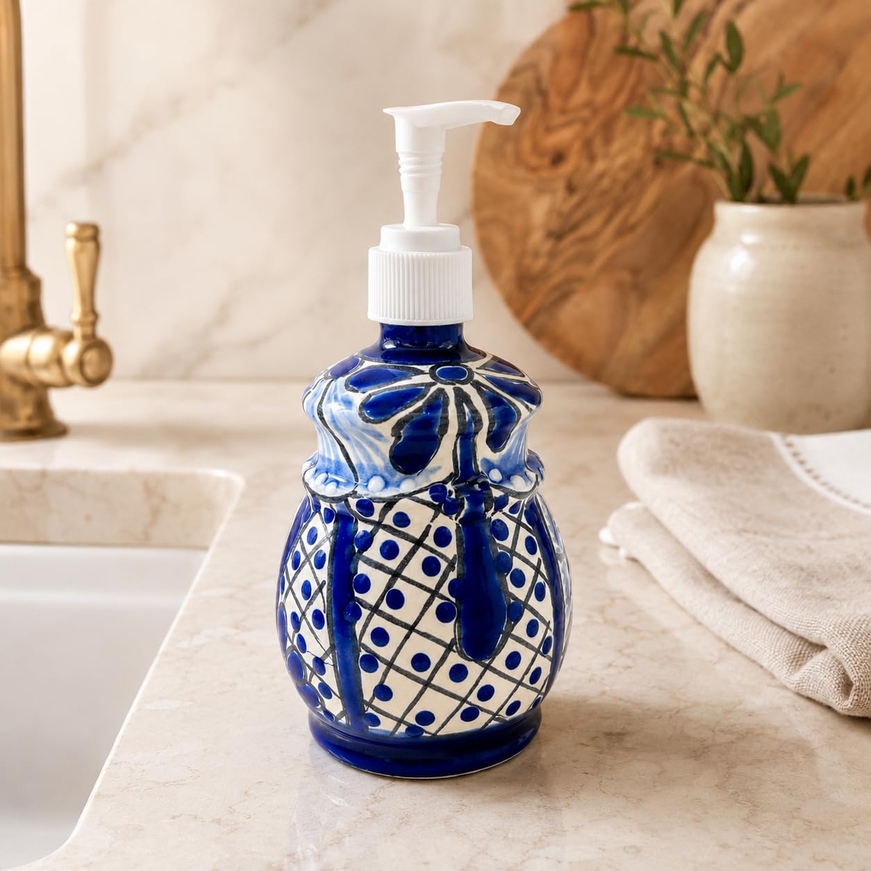 Talavera, Style Ceramic Soap Dispenser, Blue and White — angled view