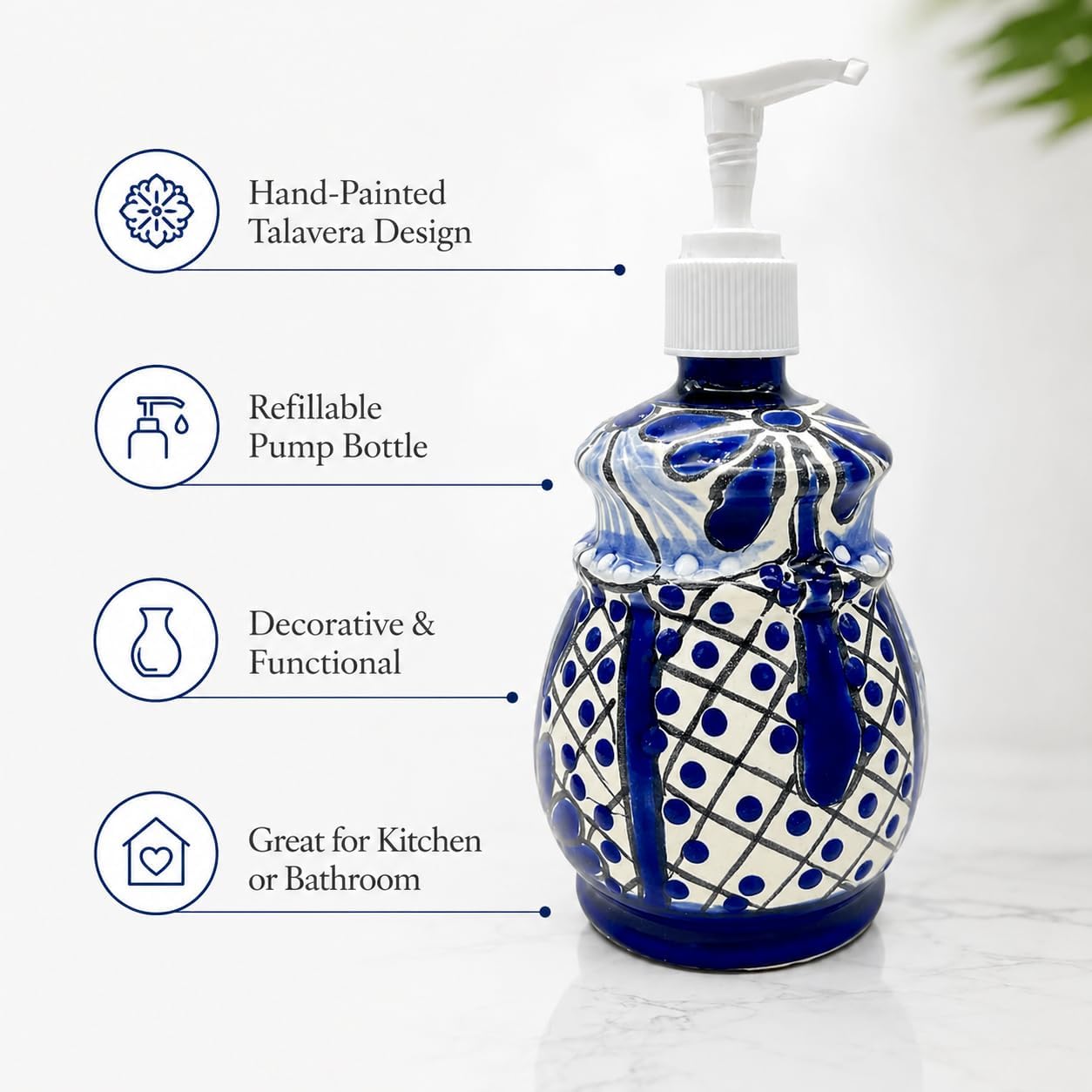 Talavera, Style Ceramic Soap Dispenser, Blue and White — shown in use